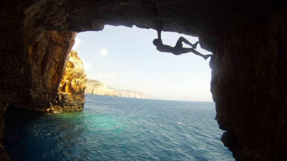 Deep water solo climbing on Korakonisi Zakynthos